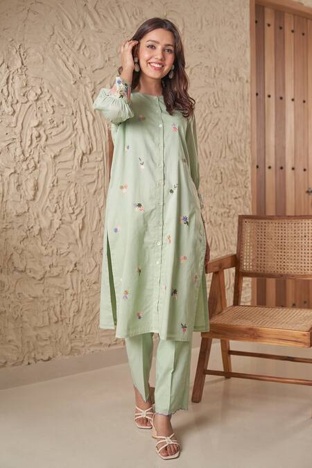 Buy_Samatvam By Anjali Bhaskar_Green Cotton Embroidery Round Neck Zoya Floral Button Down Kurta And Pant Set _Online_at_Aza_Fashions