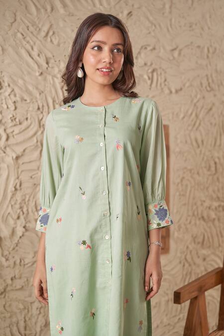 Shop_Samatvam By Anjali Bhaskar_Green Cotton Embroidery Round Neck Zoya Floral Button Down Kurta And Pant Set _Online_at_Aza_Fashions