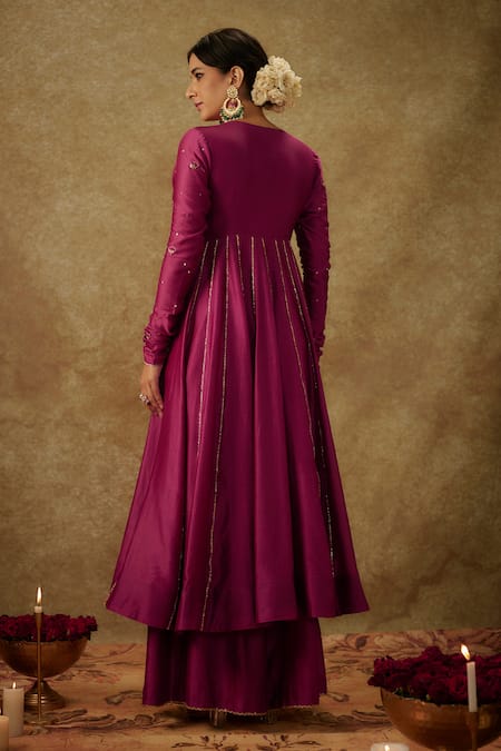 Shop_The Aarya_Purple Organza, Handloom Cotton, Floral Zardozi Embroidered Anarkali Set _at_Aza_Fashions