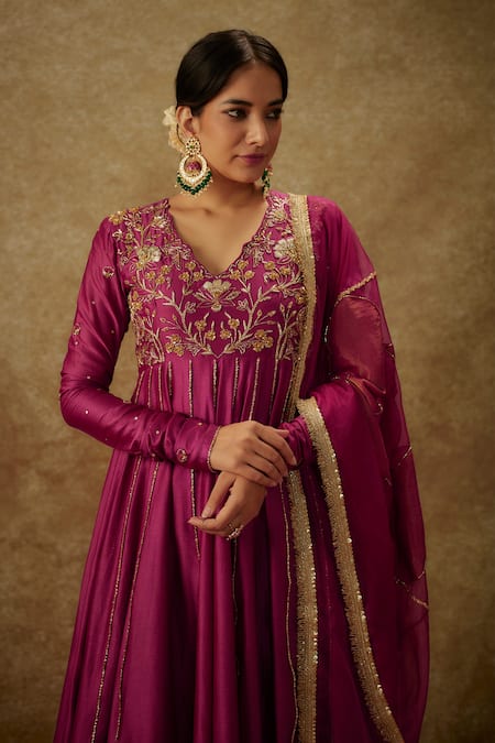 The Aarya_Purple Organza, Handloom Cotton, Floral Zardozi Embroidered Anarkali Set _Online_at_Aza_Fashions