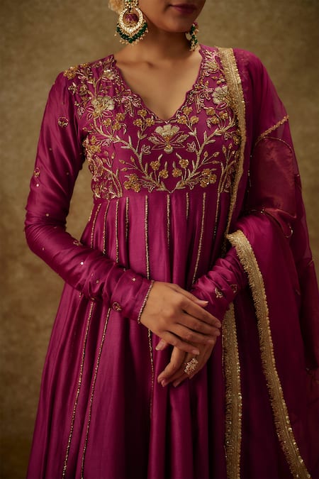 Buy_The Aarya_Purple Organza, Handloom Cotton, Floral Zardozi Embroidered Anarkali Set _Online_at_Aza_Fashions