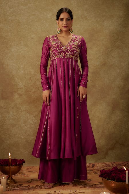 Shop_The Aarya_Purple Organza, Handloom Cotton, Floral Zardozi Embroidered Anarkali Set _Online_at_Aza_Fashions