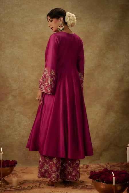 Shop_The Aarya_Purple Organza, Handloom Cotton, Chanderi Hand Woven Kurta Palazzo Set _at_Aza_Fashions