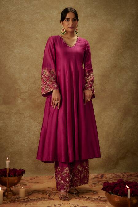 Shop_The Aarya_Purple Organza, Handloom Cotton, Chanderi Hand Woven Kurta Palazzo Set _Online_at_Aza_Fashions