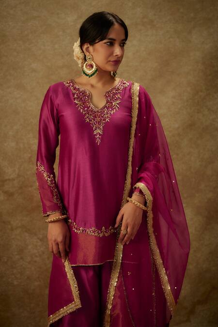 The Aarya_Purple Organza, Handloom Cotton, Chanderi Floral Zardozi Sharara Set _Online_at_Aza_Fashions