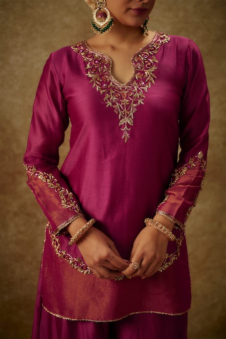 Buy_The Aarya_Purple Organza, Handloom Cotton, Chanderi Floral Zardozi Sharara Set _Online_at_Aza_Fashions