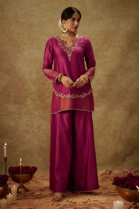 Shop_The Aarya_Purple Organza, Handloom Cotton, Chanderi Floral Zardozi Sharara Set _Online_at_Aza_Fashions