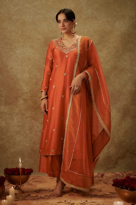 The Aarya Orange Handwoven Chanderi Hand Embroidered Zardozi Floral Kurta Palazzo Set 