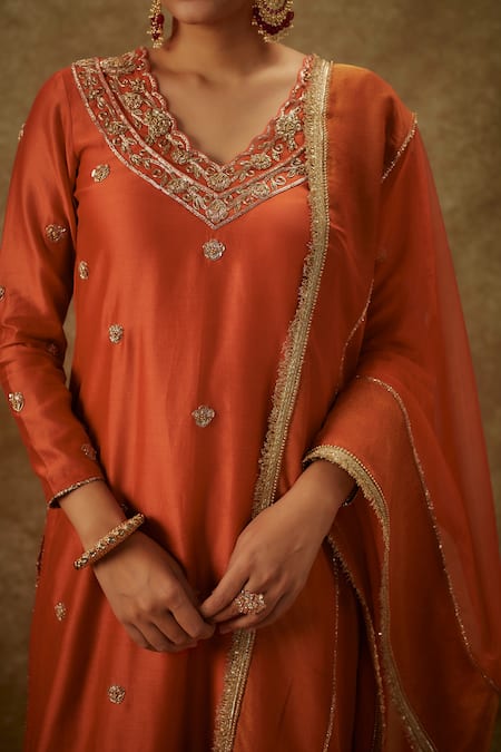 Shop The Aarya Orange Organza, Handloom Cotton, Chanderi Floral Zardozi Kurta Palazzo Set Online at Aza Fashions Shop_The Aarya_Orange Organza, Handloom Cotton, Chanderi Floral Zardozi Kurta Palazzo Set _Online_at_Aza_Fashions