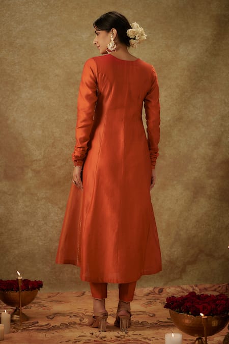 Shop_The Aarya_Orange Organza, Handloom Cotton Floral Zardozi Kalidaar Kurta Palazzo Set _at_Aza_Fashions
