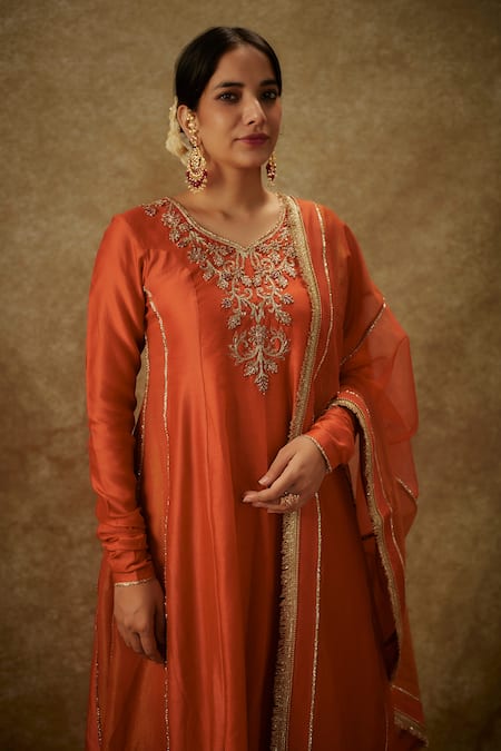 The Aarya_Orange Organza, Handloom Cotton Floral Zardozi Kalidaar Kurta Palazzo Set _Online_at_Aza_Fashions