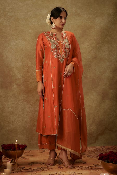 The Aarya Orange Handwoven Chanderi Hand Embroidered Zardozi Cutout Kurta Palazzo Set 