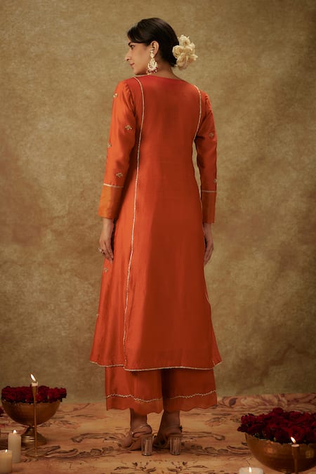 Shop_The Aarya_Orange Organza, Handloom Cotton, Chanderi Zardozi Handwoven Kurta Palazzo Set _at_Aza_Fashions