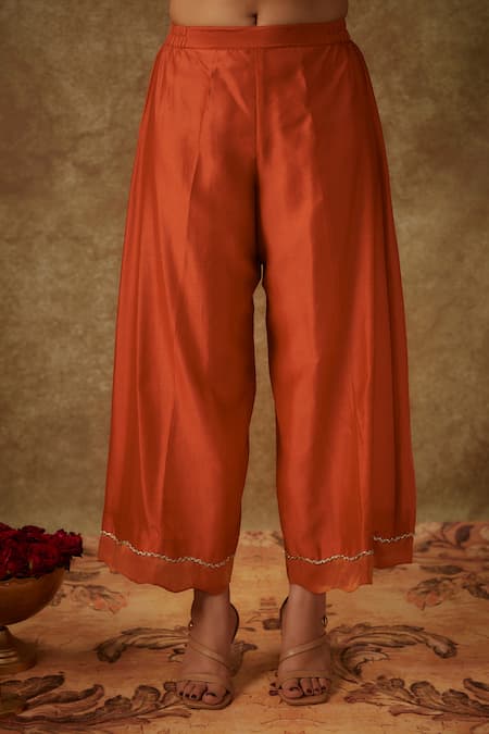 The Aarya_Orange Organza, Handloom Cotton, Chanderi Zardozi Handwoven Kurta Palazzo Set _Online_at_Aza_Fashions