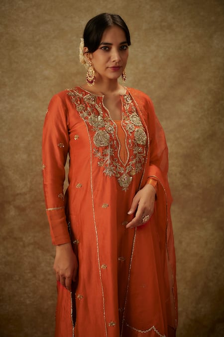 Buy_The Aarya_Orange Organza, Handloom Cotton, Chanderi Zardozi Handwoven Kurta Palazzo Set _Online_at_Aza_Fashions