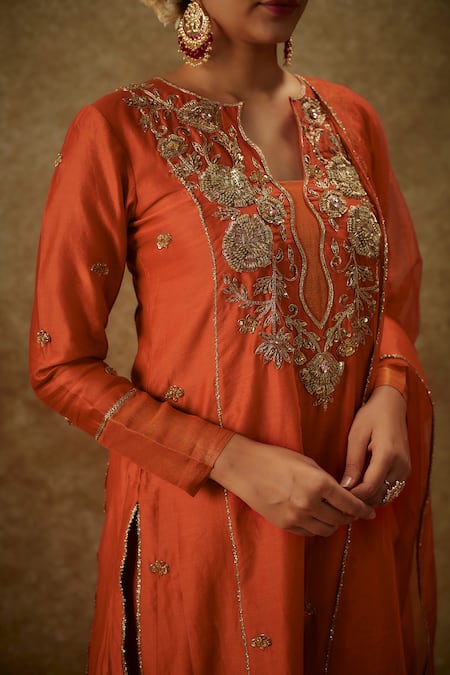 Shop_The Aarya_Orange Organza, Handloom Cotton, Chanderi Zardozi Handwoven Kurta Palazzo Set _Online_at_Aza_Fashions