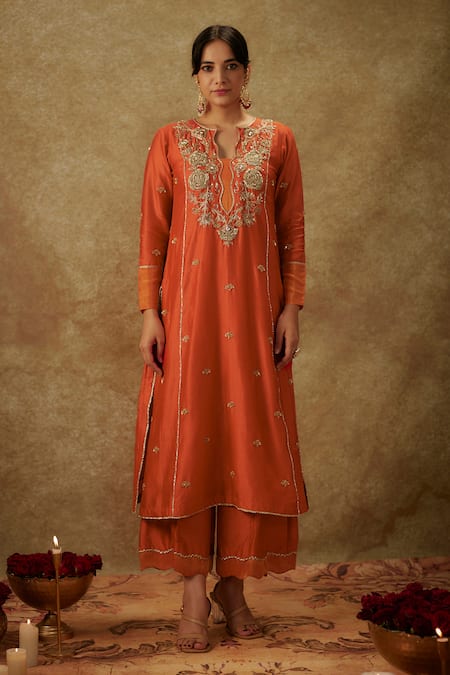 The Aarya_Orange Organza, Handloom Cotton, Chanderi Zardozi Handwoven Kurta Palazzo Set _at_Aza_Fashions
