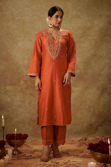The Aarya_Orange Organza, Handloom Cotton, Chanderi Zardozi Handwoven Kurta Pant Set _Online_at_Aza_Fashions