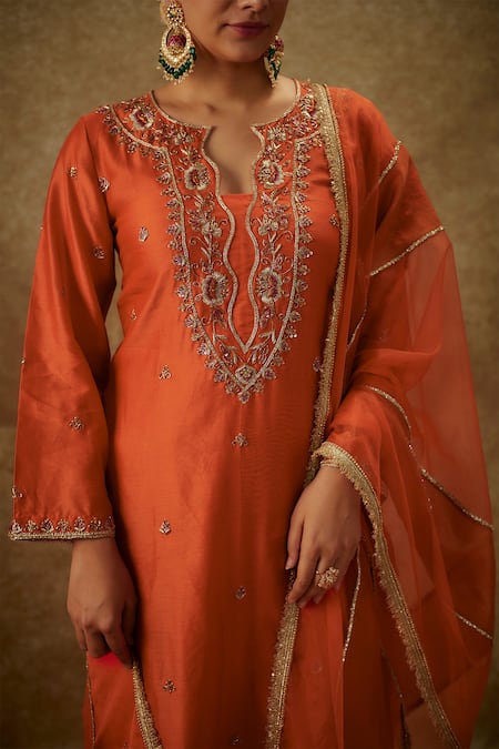 Shop_The Aarya_Orange Organza, Handloom Cotton, Chanderi Zardozi Handwoven Kurta Pant Set _Online_at_Aza_Fashions