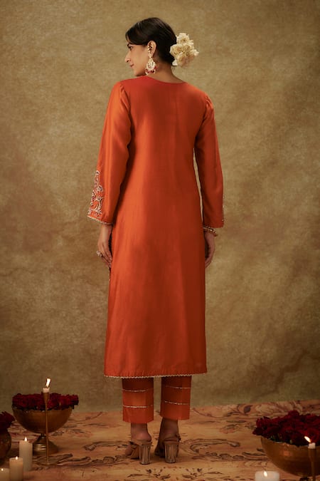 Shop_The Aarya_Orange Organza, Handloom Cotton Floral Embroidered Handwoven Kurta Pant Set _at_Aza_Fashions