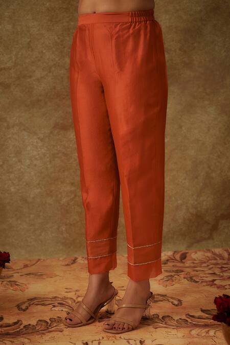 The Aarya_Orange Organza, Handloom Cotton Floral Embroidered Handwoven Kurta Pant Set _Online_at_Aza_Fashions