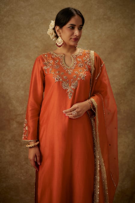 Buy_The Aarya_Orange Organza, Handloom Cotton Floral Embroidered Handwoven Kurta Pant Set _Online_at_Aza_Fashions