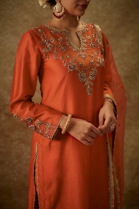 Shop_The Aarya_Orange Organza, Handloom Cotton Floral Embroidered Handwoven Kurta Pant Set _Online_at_Aza_Fashions