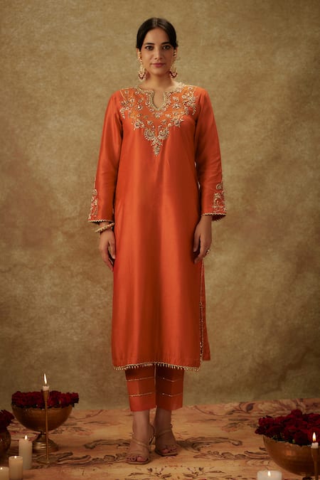 The Aarya_Orange Organza, Handloom Cotton Floral Embroidered Handwoven Kurta Pant Set _at_Aza_Fashions