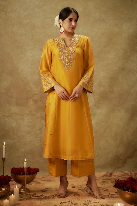 Buy The Aarya Yellow Organza, Handloom Cotton, Chanderi Embroidery, Zardozi Kurta Pant Set Buy_The Aarya_Yellow Organza, Handloom Cotton, Chanderi Embroidery, Zardozi Kurta Pant Set
