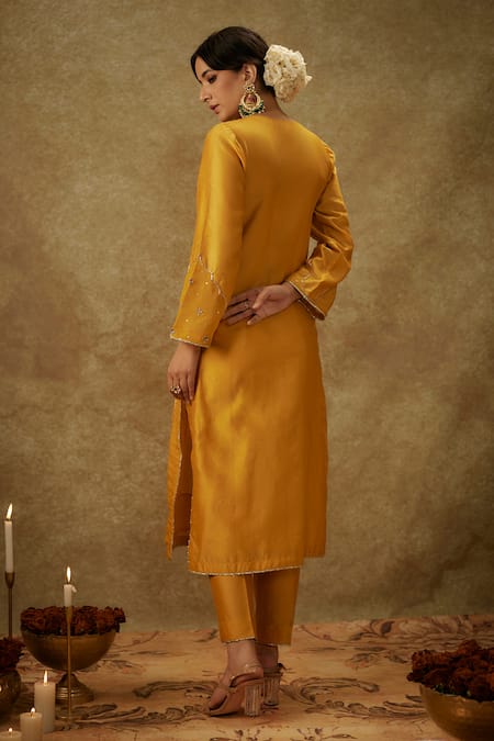 Shop_The Aarya_Yellow Organza, Handloom Cotton, Chanderi Handwoven Floral Kurta Pant Set _at_Aza_Fashions