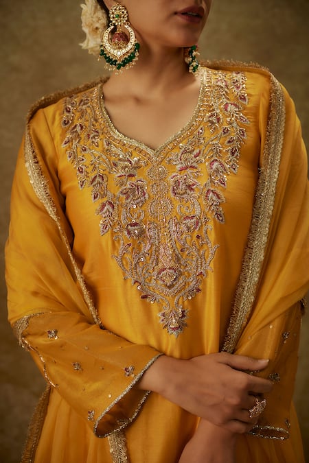 The Aarya_Yellow Organza, Handloom Cotton, Chanderi Handwoven Floral Kurta Pant Set _Online_at_Aza_Fashions