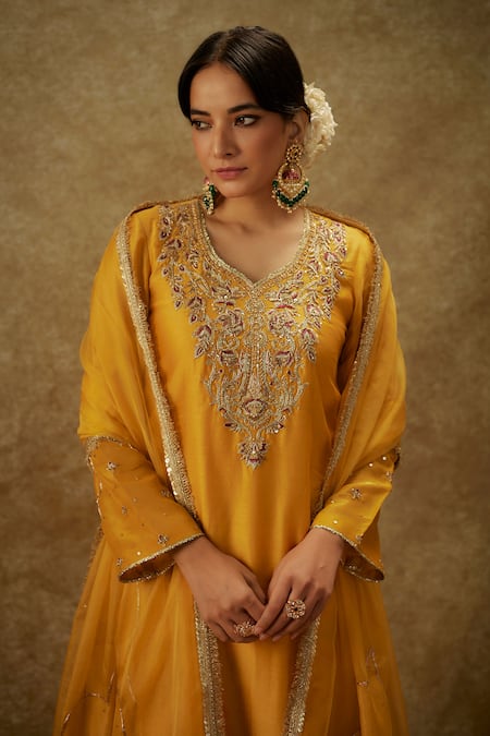 Shop_The Aarya_Yellow Organza, Handloom Cotton, Chanderi Handwoven Floral Kurta Pant Set _Online_at_Aza_Fashions