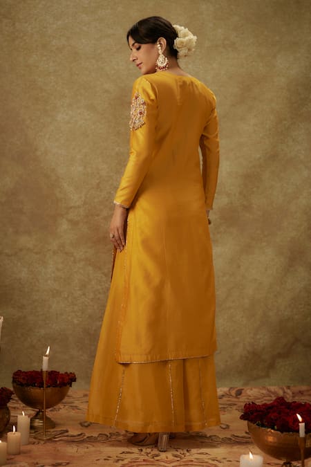 Shop_The Aarya_Yellow Organza, Handloom Cotton Embroidery Chanderi Handwoven Kurta Pant Set _at_Aza_Fashions
