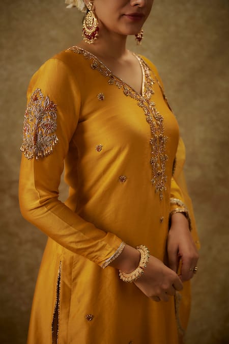 Shop_The Aarya_Yellow Organza, Handloom Cotton Embroidery Chanderi Handwoven Kurta Pant Set _Online_at_Aza_Fashions