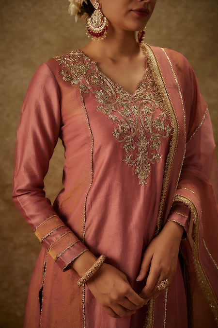 Shop_The Aarya_Pink Organza, Handloom Cotton Embroidery, Zari Paisley Pattern Kurta Pant Set _Online_at_Aza_Fashions
