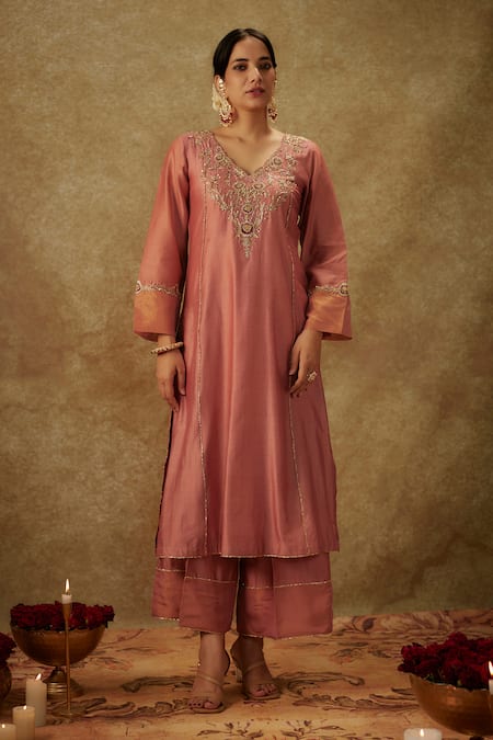 The Aarya_Pink Organza, Handloom Cotton, Chanderi Zardozi Leaf Kurta Palazzo Set _Online_at_Aza_Fashions