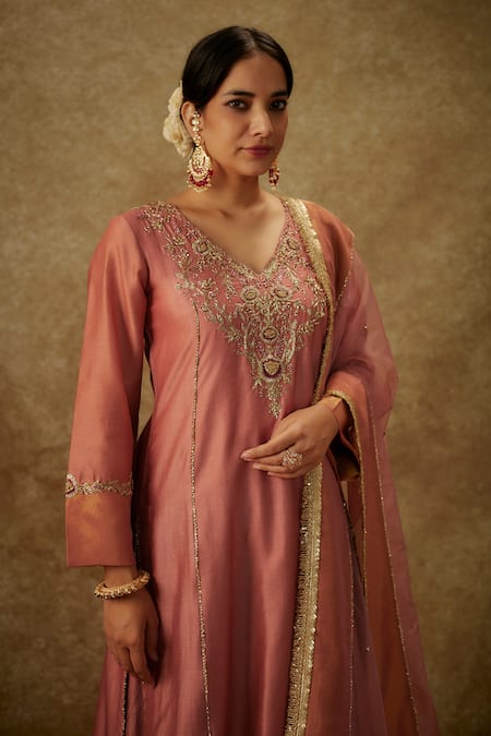 Buy_The Aarya_Pink Organza, Handloom Cotton, Chanderi Zardozi Leaf Kurta Palazzo Set _Online_at_Aza_Fashions