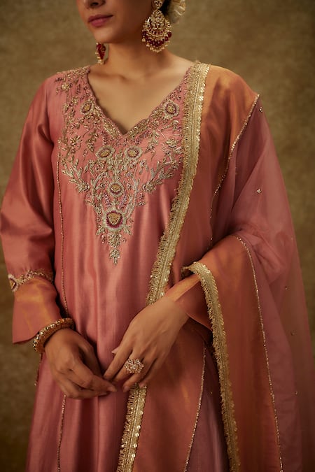 Shop_The Aarya_Pink Organza, Handloom Cotton, Chanderi Zardozi Leaf Kurta Palazzo Set _Online_at_Aza_Fashions