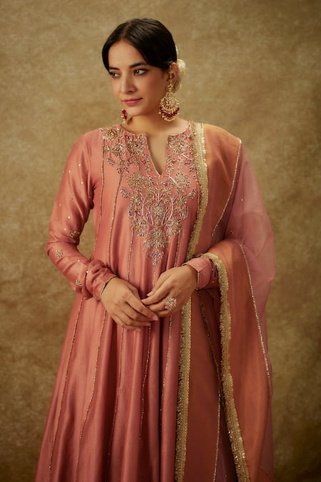Buy_The Aarya_Pink Organza, Handloom Cotton, Chanderi Embroidery, Zari Zardozi Anarkali Set _Online_at_Aza_Fashions