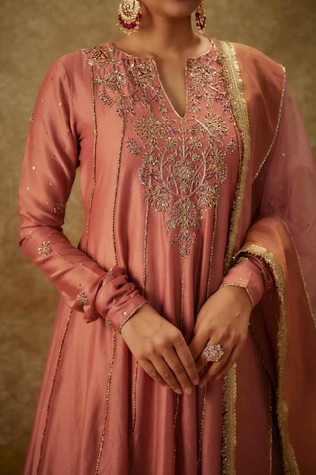 Shop_The Aarya_Pink Organza, Handloom Cotton, Chanderi Embroidery, Zari Zardozi Anarkali Set _Online_at_Aza_Fashions