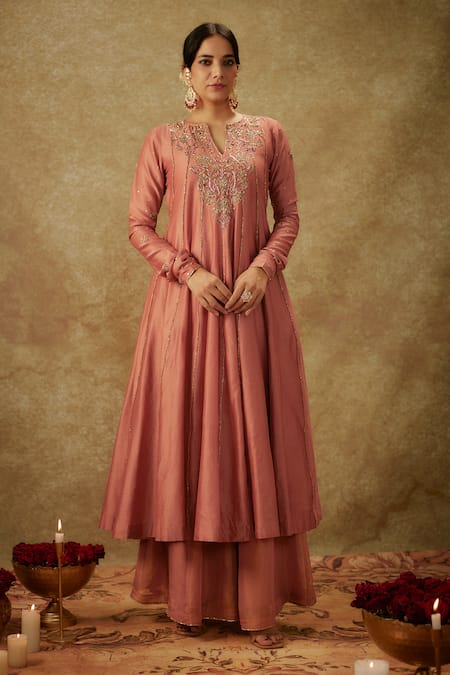 The Aarya_Pink Organza, Handloom Cotton, Chanderi Embroidery, Zari Zardozi Anarkali Set _at_Aza_Fashions