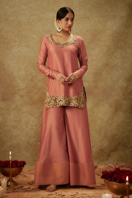 The Aarya_Pink Organza, Handloom Cotton, Chanderi Sequins, Zari, Kurta Sharara Set _Online_at_Aza_Fashions