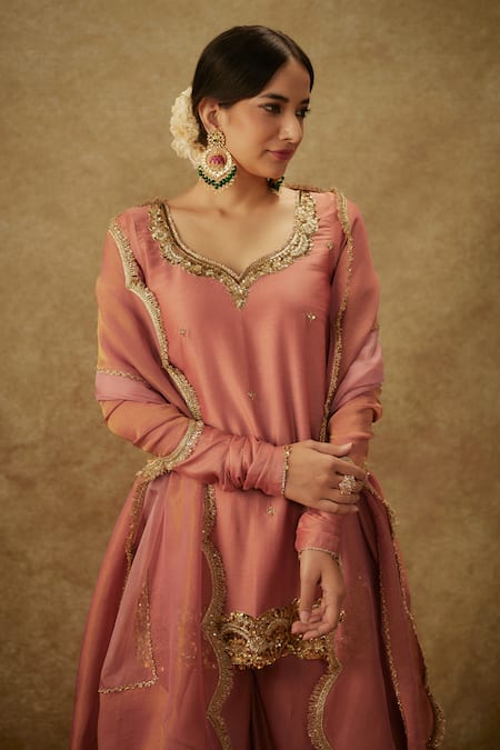 Shop_The Aarya_Pink Organza, Handloom Cotton, Chanderi Sequins, Zari, Kurta Sharara Set _Online_at_Aza_Fashions
