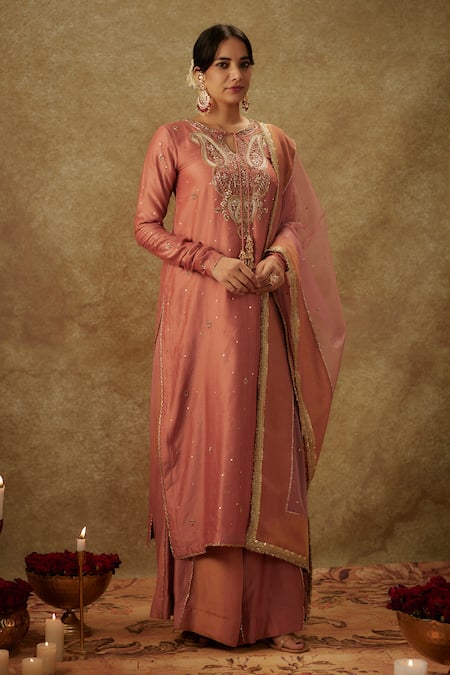 The Aarya Pink Handwoven Chanderi Hand Embroidered Paisley Pattern Kurta Palazzo Set 