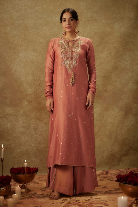 The Aarya_Pink Organza, Chanderi, Handloom Cotton Paisley Pattern Kurta Palazzo Set _Online_at_Aza_Fashions