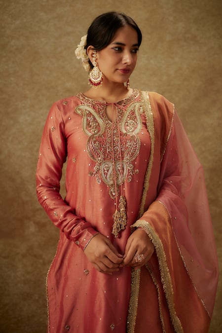 Shop_The Aarya_Pink Organza, Chanderi, Handloom Cotton Paisley Pattern Kurta Palazzo Set _Online_at_Aza_Fashions
