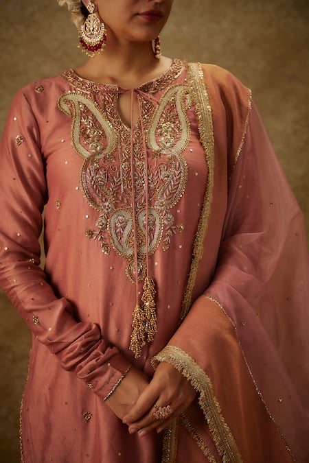 The Aarya_Pink Organza, Chanderi, Handloom Cotton Paisley Pattern Kurta Palazzo Set _at_Aza_Fashions