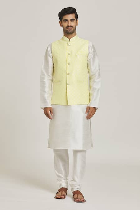 Arihant Rai Sinha_Yellow Silk Embroidery Floral Pattern Bundi _Online_at_Aza_Fashions