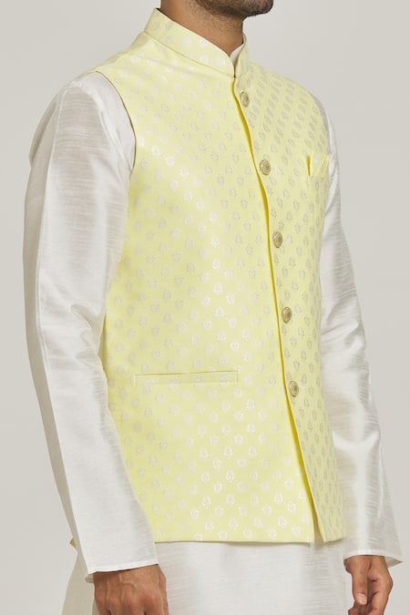 Buy_Arihant Rai Sinha_Yellow Silk Embroidery Floral Pattern Bundi _Online_at_Aza_Fashions