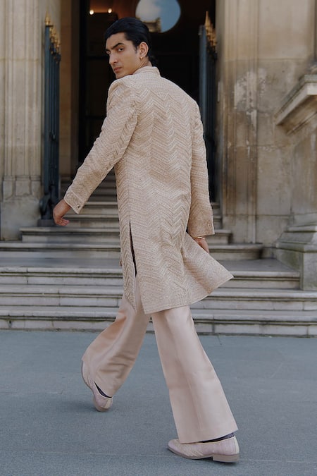 Jigar & Nikita Zari Embroidered Chevron Sherwani Pant Set 